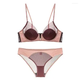 Conjuntos de sutiãs francês fino profundo v sutiã breve conjunto para mulheres retalhos malha lingerie com underwire macio sexy menina bonita reunindo todos os dias