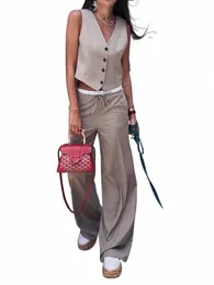 Kondala vintage Khaki Office Lady Suit V-Neck Single Butt ärm Vest High midje LG raka byxor FI 2024 Summer V0FW#