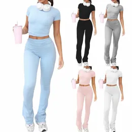 Mulheres Cropped Top Pants Solid Color Crew Neck 2 Piece Pijama Define Manga Curta Top Flare Pants Daily Outfit Yoga Sports Outfit n8lx #