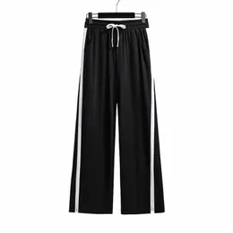 155 kg Übergröße Damen Lose gerade Hose mit weitem Bein Hüfte 150 hoch taillierte gestreifte Hose Schwarz 5XL 6XL 7XL 8XL 9XL 51ju#