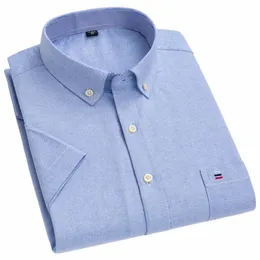 Oxford masculino manga curta verão camisas casuais bolso único confortável padrão-ajuste butt-down xadrez listrado cott camisa t64W #