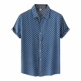 Designer Men's Shirt Verão Lazer Étnico Cott Linho Homens Camisa Polka Dot Imprimir Lapela Camisa de Manga Curta Streetwear Camisas I1WC #