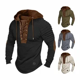 Homens Retro Hoodie Vintage Lace-up Cordão Hoodie Masculino com Ombros Plissados Macio Elástico Respirável Diário Top com Capuz e0kH #