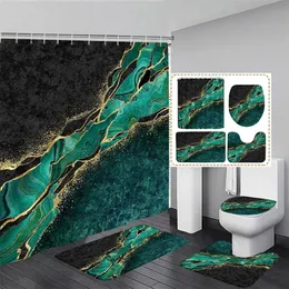 緑の大理石のシャワーカーテンセットゴールドラインブラックテクスチャクラックルパターン豪華なバスルームの装飾ノンスリップラグバスマットトイレカバー240328