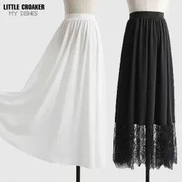 Schroevendraaiers в китайском стиле с высокой талией и подкладкой, длинная плиссированная юбка, макси-нижняя женская белая, черная кружевная юбка для Hanfu