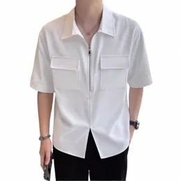 handsome Well Fitting Tops INCERUN 2024 Men Half Zip Lapel Pocket Shirts Casual Streetwear Solid Short Sleeve Lapel Blouse S-5XL A2wT#