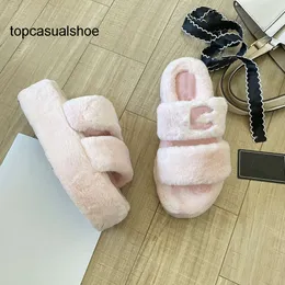 채널 cf paseo strap plush 슬라이드 모피 모피 슬리퍼 고급 평평한 편안