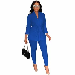 autumn Casual Two Piece Set African Women Fi Solid V-Neck Lace-up Shirt Tight Pants Two-piece Suit Women j63b#