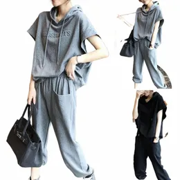Frauen Sportwear Kleidung Stilvolle 2-teilige Hoodie Hosen Set Kordelzug Einfarbig Kurzarm Elastische Taille Taschen für Damen y1DJ #