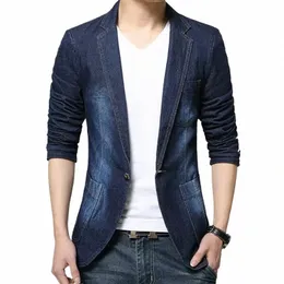 Neue Herren Denim Blazer Männer Fi Cott Vintage Anzug Jacke 4XL Männlich Blau Mantel Denim Jacke Männer Slim Fat Jeans Blazer p9rD #