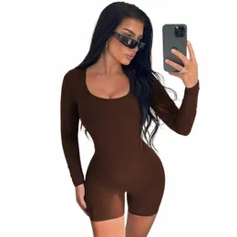 Jocoo Jolee Feminino Casual Lg Manga Equipada Cintura Alta Treino Diário One Pieces Macacão Curto Cor Sólida Yoga Esporte Macacão l7OE #