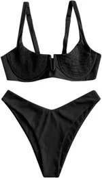 Zaful kvinnor ribbade underwire bikini High Cut V Notch Smocked badkläder tryckt med hög benbaddräkt