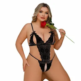plus Size Crotchl Bodysuit Women Sexy Lingerie Lace Hollow Bra Erotic Costumes Teddy Deep V Open Bra Porn Sexiest Body Suit e5SK#