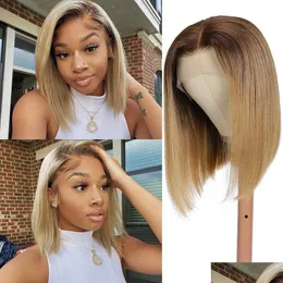 Lace Wigs Ombre Colored Brazilian Virgin Human Hair T Part Wig For Women Short Straight Bob 2022 New Style Drop Delivery Products Dhjkr