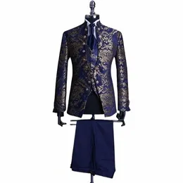 floral Jacquard Wedding Suits for Men with Stand Collar Double Breasted Navy Blue Formal Groom Tuxedo Jacket Vest Pants 3 Pieces i7OJ#