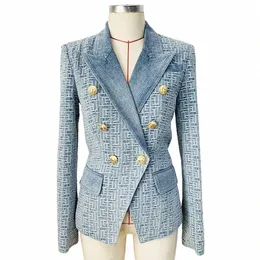 Высокое КАЧЕСТВО Новейшая дизайнерская куртка Fi 2024 Женская облегающая двубортная джинсовая куртка Li Butts с геометрическим рисунком 28hp #