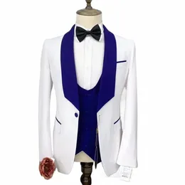 Män passar White Wedding Blazer Royal Blue Shawl Lapel Single Breasted Jacket Pants Vest Three Piece Costume Homme Slim Fit 2024 O5Te#