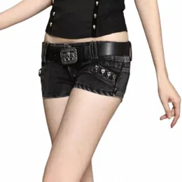 sexy Low Wasit Demin Shorts Women Punk Skull Hot Jean Short with Belt Female Fi Club Black Bottoms Mujer Dropship New P2uL#