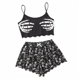 pigiama da donna Set Skelet Stampa Canotta Shorts Pigiama femminile sexy Sleevl Crop elastico Sleepwear m1NE #