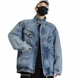 Spring Autumn Stand Collar Denim Jackets Men's Loose Casual High Street Motorcykeljacka Män toppar Overcoat Male Clothes Z9eo#