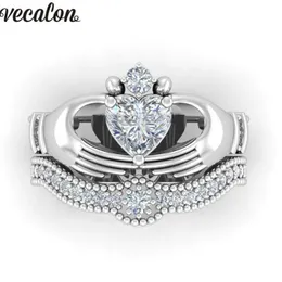 Fedi nuziali Vecalon Luxury Lovers Claddagh Anello 1ct 5A Zircone Cz Oro bianco riempito Fascia di fidanzamento Set per donne Uomini219t