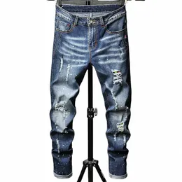 Trend Denim Jeans Loch ruinierte Hip Hop High Street Slim Design Brand Patch Casual Herrenhose 24yv#