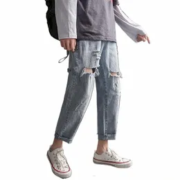 Foufurieux 2023 Spring Summer New Men's Torn Jeans Street Hip-Hop Loose Wide Leg Pants Thin Pants Brand Herrkläder Rippade R2UO#