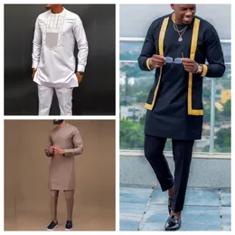 2024 Mens Elegant Suit Shirt Pants 2-piece Two-piece Set Round Neck Stitching Solid Color Party Long Sleeve African Ethnic Styl 240313
