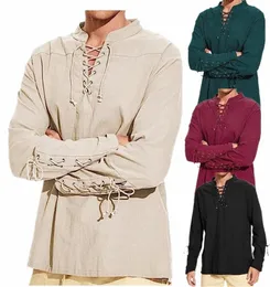 زي الرجال من العصور الوسطى قمصان الكتان القمصان التي تربط LG LG LACE UP Pirate Cosplay Shirt Vampire Viprise Renaissance Shirt W5Ql#