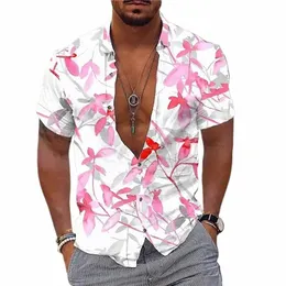 Nya sommarmän Hawaiian skjortor Maple Leaf Print V-ringskjortor för män Butt-up Short Sleeve Tops Streetwear Trend Men kläder 08SZ#