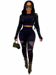 Nibber Elastic Sporty Hollow Out Yoga Stretchy Two Piece Set Women Sexig Slim O-Neck LG Sleeve Tops+ Pencil Pants Tracksuits J2VR#