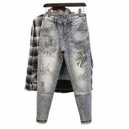 Frühling Herbst Freund Jugend Stilvolle Denim Designer Druck Grafik Li Hot Drill Lässige Grau Slim Cargo Männer Jeans Hosen Männlich x4eq #