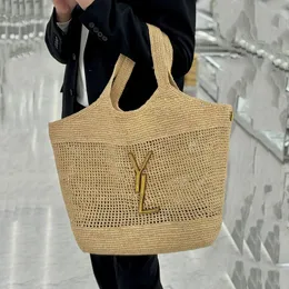 고품질 여성 토트 가방 라피아 스로 숄더 가방 YSLBAGSES 고급 디자이너 가방 핸드백 큰 loulou 가방 클래식 해변 잔디 짠 금속 편지 복합 가방