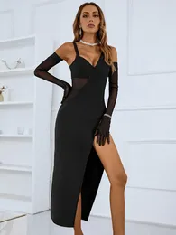 Casual Dresses Women Sexig Black Evening Party Dress med handskar Spaghetti Strap V Neck Open Leg Midi Calf Mesh Bandage Patchwork Prom Bowns