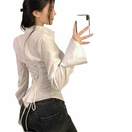 gidyq Fi Женские бандажные рубашки Корейская универсальная уличная одежда Женская тонкая блузка Весенняя повседневная белая рубашка с рукавами-колокольчиками Новая f9ay #