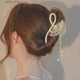 Saç klipsleri haimeikang rhinestone püskül saç pençesi altın yay çiçek saç klipsli kadınlar için zarif at kuyruğu moda saç aksesuarları y240329