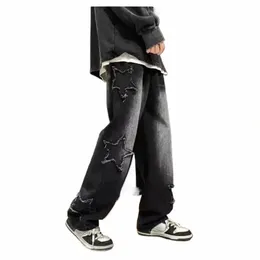 2023 New Fi Stars Towel Embroidery Brown Men Jeans Pants Y2K Clothes Straight Hip Hop Cott Trousers Pantal Homme d6kx#