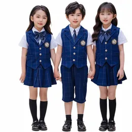 Uniforme escolar de verão menino menina colete camisa de manga curta saia curta terno S5vm #