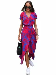 FI V-Ausschnitt Kurzarm Blumendruck Midi Drs Frauen 2023 Sommer Casual Polka Dots Boho Büro Damen Dres für Frauen C1xR #