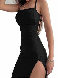 Sexig svart LG Bodyc Dr Women Summer Sold Blackl Halter Neck Spaghetti Strap Dres High Split Vestidos H3JK#