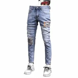 2023 Brand Clothing Biker Jeans Men Streetwear LG Slim Denim Pant Chudy Mid talia Niezłagodne sprężyste spodnie Mężczyzna x8m9#