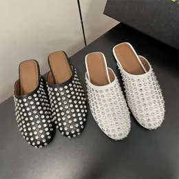 Gaoding Ala's New Rivet Water Diamond Leather with A Small Design, Round Head Baotou Flat Bottom Half Slippers, Muller Shoes for Women