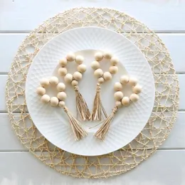 Disposable Dinnerware Natural Wood Beads Table Art Napkin Rings Setting With Jute Tassels Designed Serving Dinner Cloth Holders Wedding