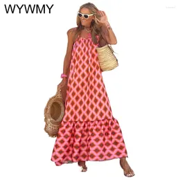 Vestidos casuais wywmy vermelho sexy vestido de verão mulheres vintage argyle impresso maxi boho boêmio espaguete cinta sem encosto longo balanço