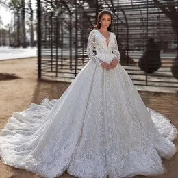 Princesa vestidos de casamento saia inchada manga longa tule renda cristal frisado vestido de noiva novo design feito sob encomenda ups