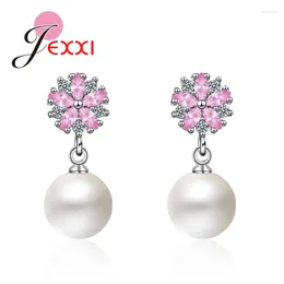 Dangle Earrings White Round Cubic Zirconia 925 Sterling Silver Pink Petals shaped Summer Surpride Surpris