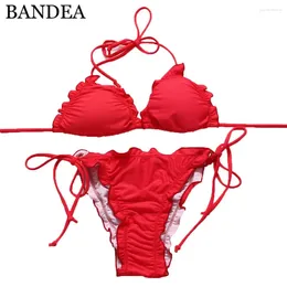 Kvinnors badkläder bandea tryck bikini set kvinnor sexig baddräkt vadderad tjej bodysuit strand baddräkt halter topp maillot de bain femme femme