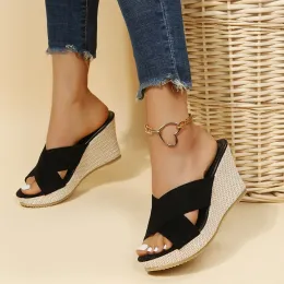 Slippers Women's Slippers Ladies Casual Platform Wedges Sandals Fashion Open Toe Straw Braid Rome Sandals Size 3540 Female Beach Sandals