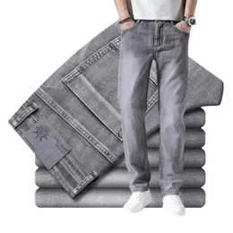 Cott Stretch Jeans Busin Casual Men's Thin Thin Denim Jeans Gray Spring Summer Brand New Fit Traitly Lightweight Z7W1#