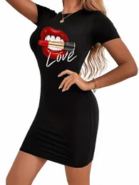 women's plus size summer red lip LOVE print short sleeved round neck slim fit casual T-shirt dr c1lw#
